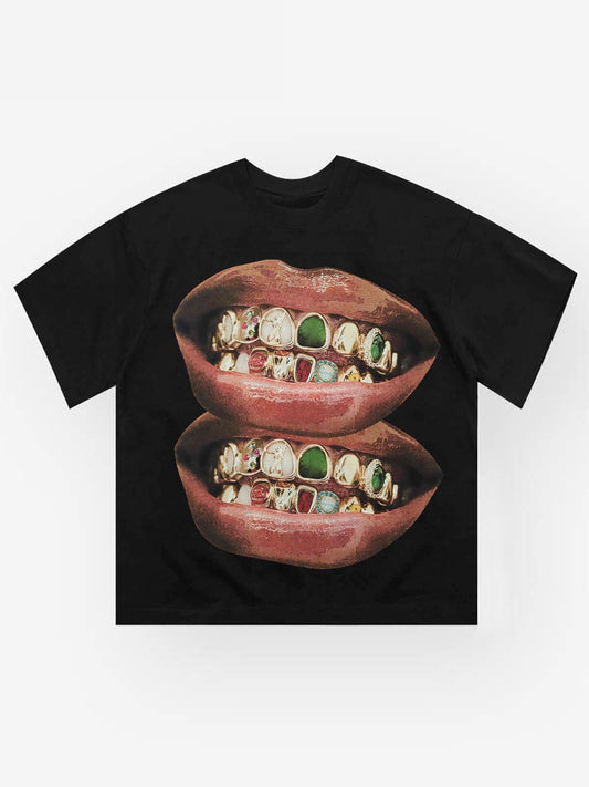 Gold & Jade Unique Grills Lip Print white&black T-Shirt