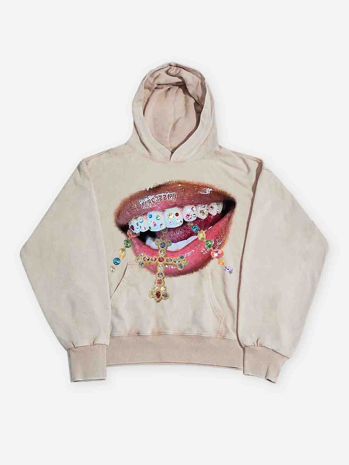 Diamond Teeth Cross Print 350g Washed Hoodie