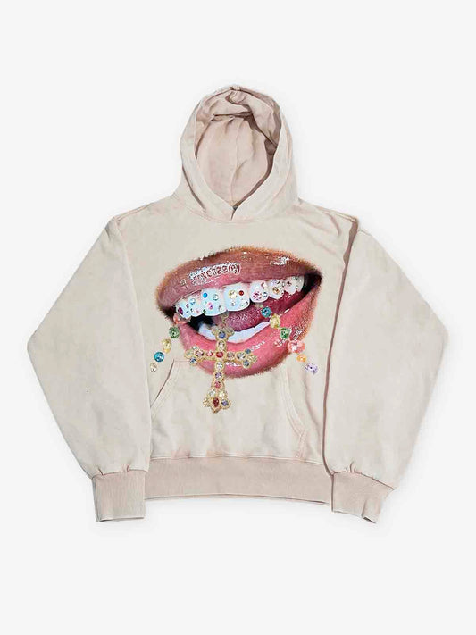 Diamond Teeth Cross Print 350g Washed Hoodie