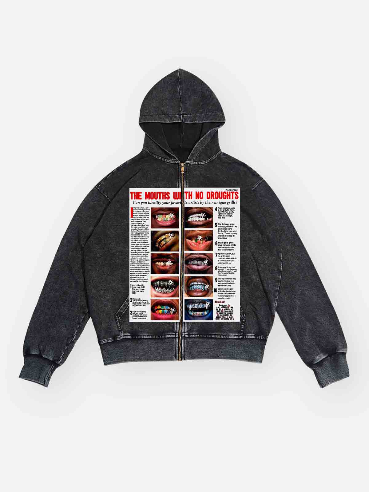 Magazine-style 350g Black Wash Print Zipper Hoodie