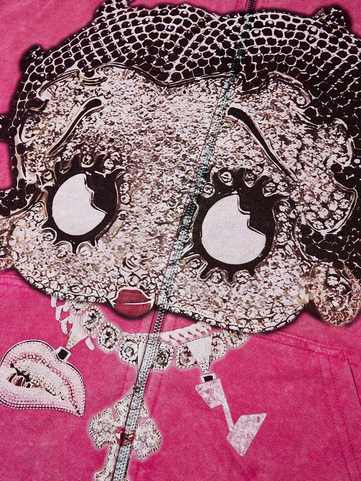 Black & White Diamond Cartoon girl 370g Pink Washed zip-up hoodie