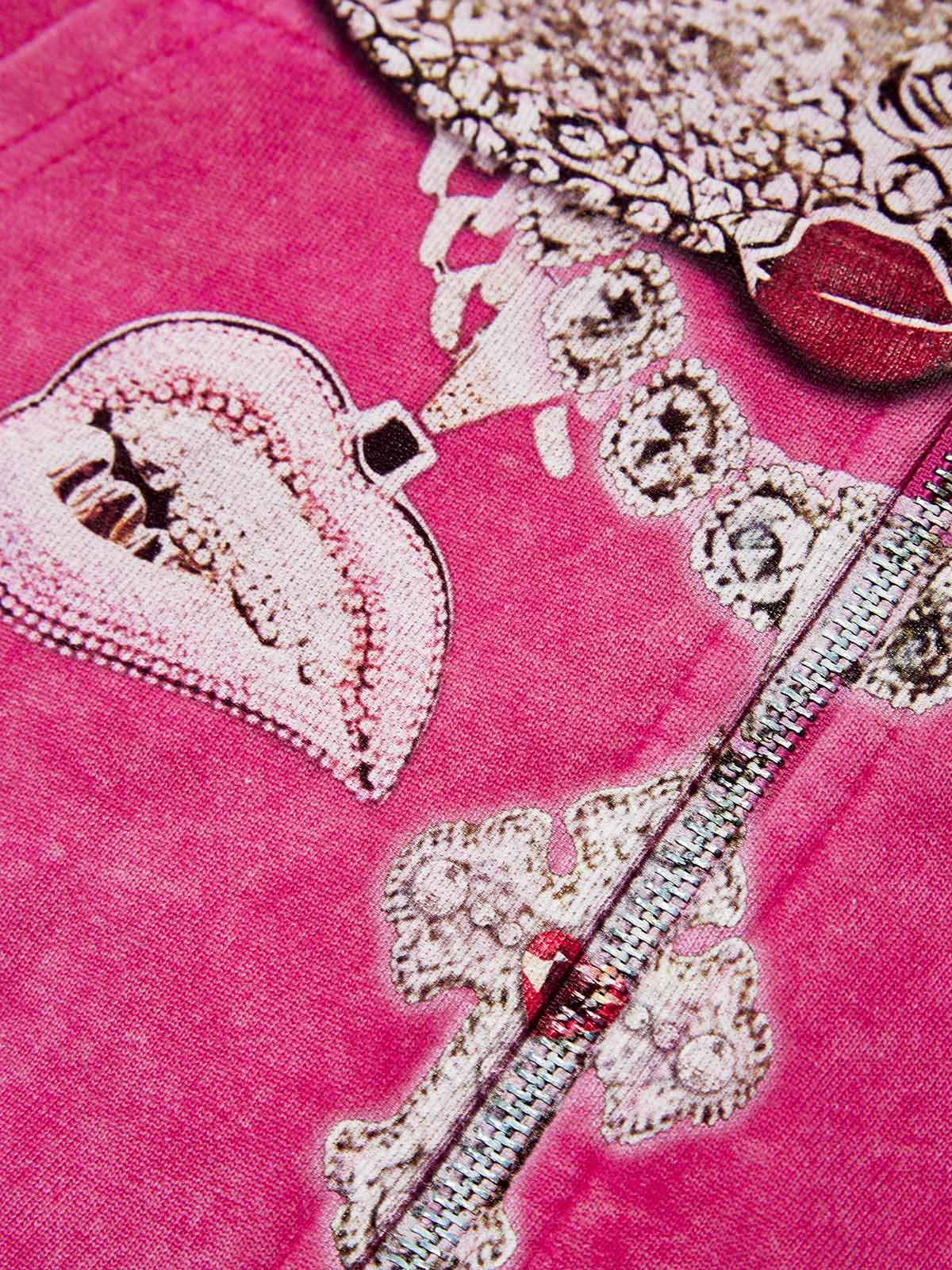 Black & White Diamond Cartoon girl 370g Pink Washed zip-up hoodie