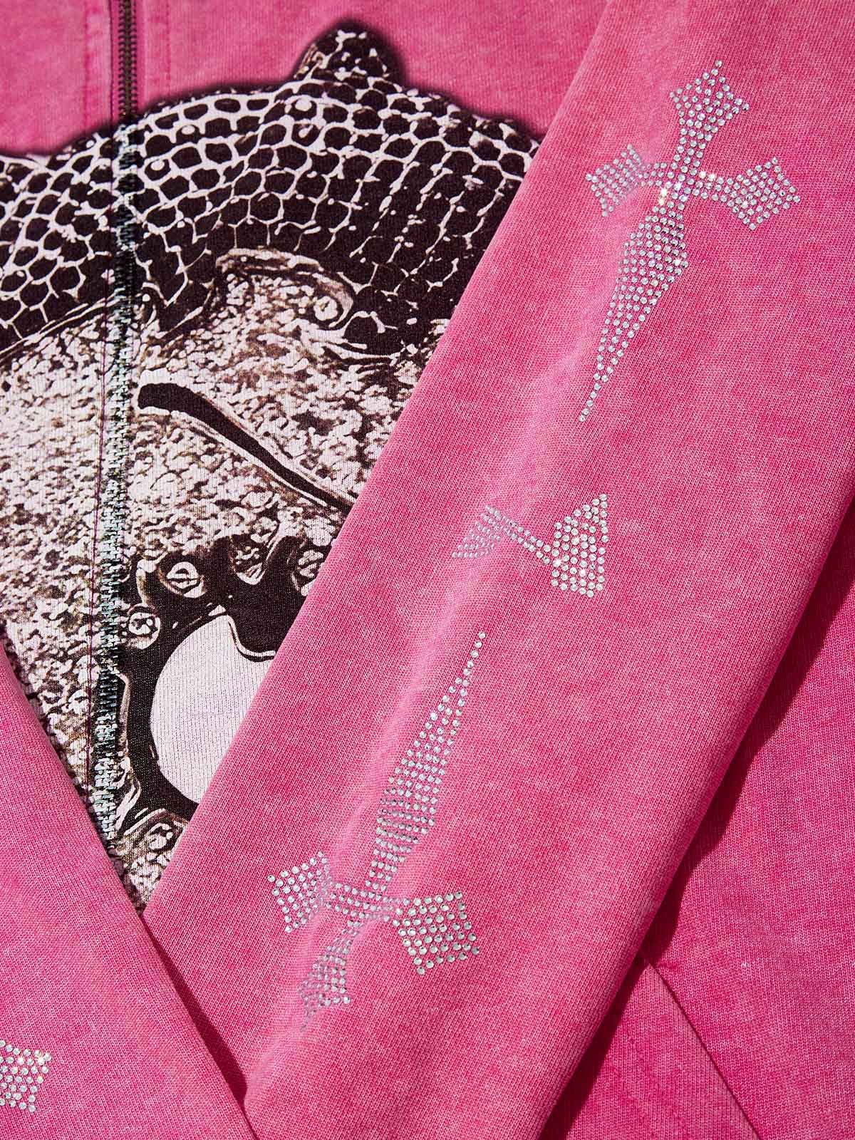 Black & White Diamond Cartoon girl 370g Pink Washed zip-up hoodie