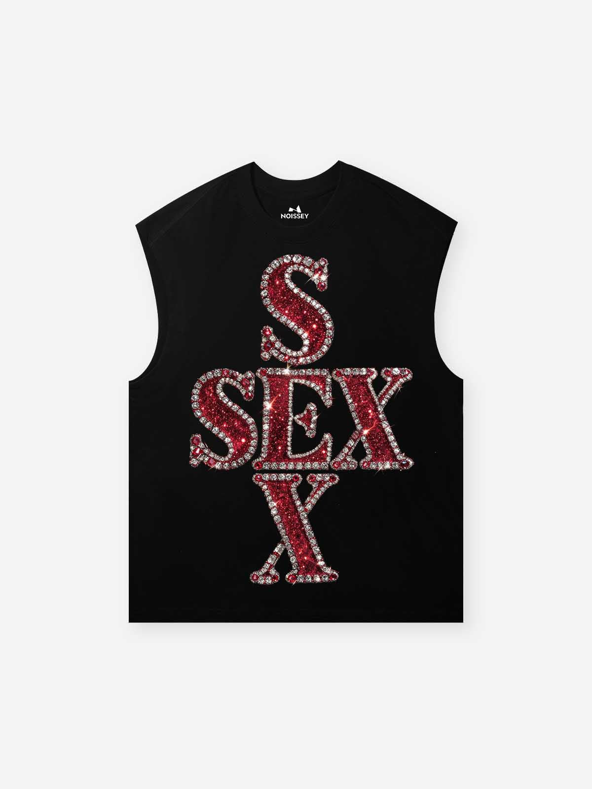 NOISSEY "SEX" Red Rhinestone Stacked Cross Graphic Loose Sleeveless Tank Top