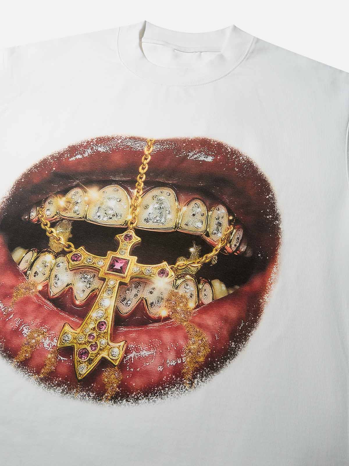 High-Quality Golden Cross Diamond Patch Grills Print heavyweight T-shirt