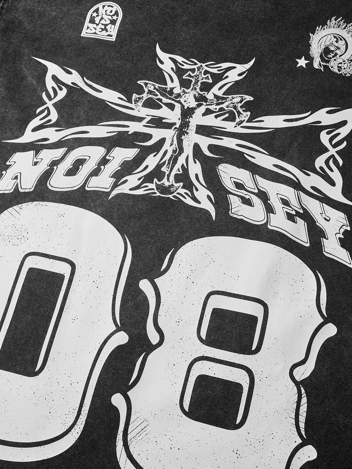 08 Street Flame Cross Black Wash Print T-shirt
