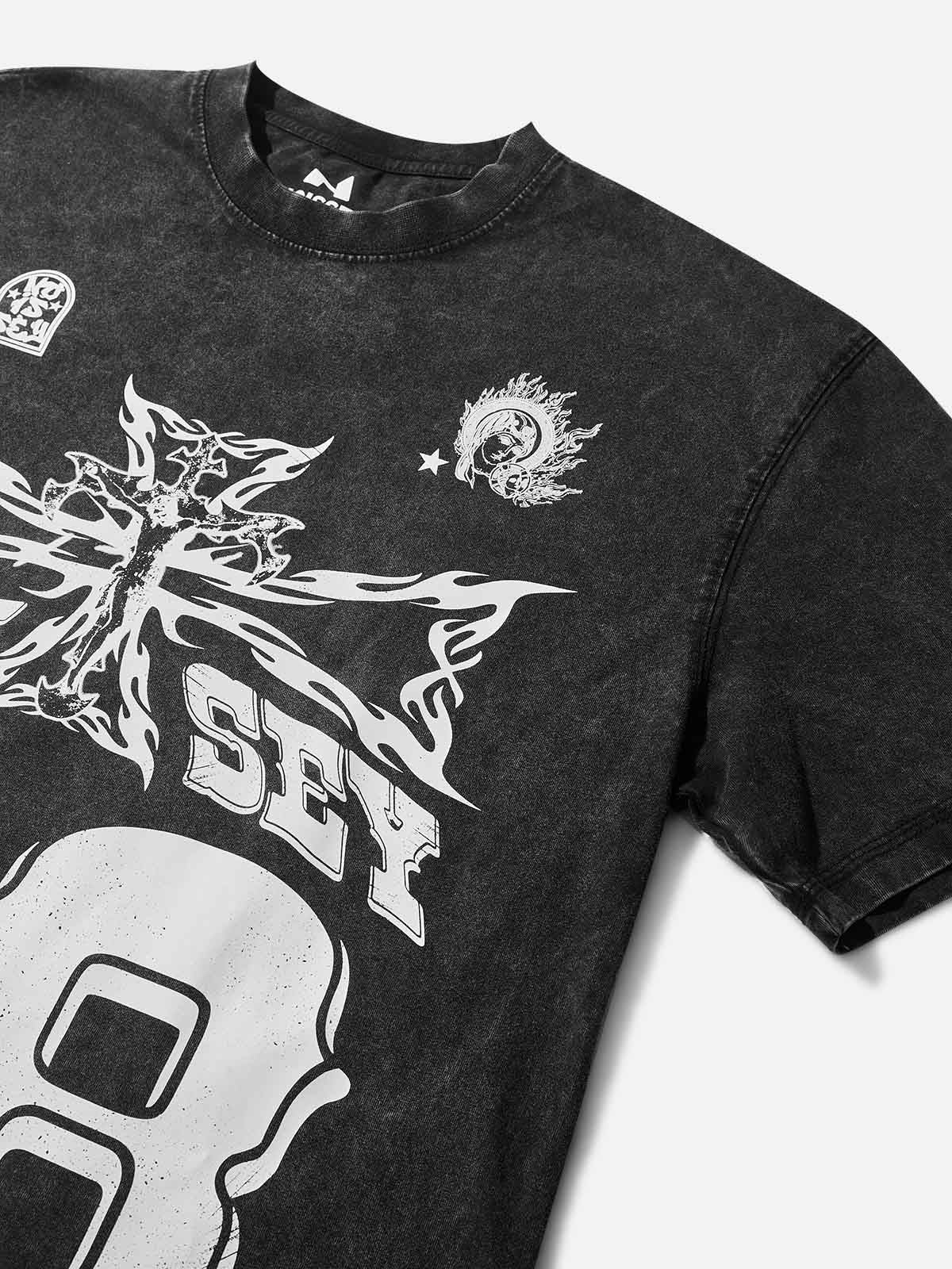 08 Street Flame Cross Black Wash Print T-shirt