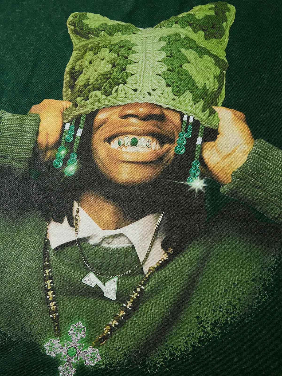 Avocado Green Cat Ear Crochet Hat Washed Printed T-Shirt