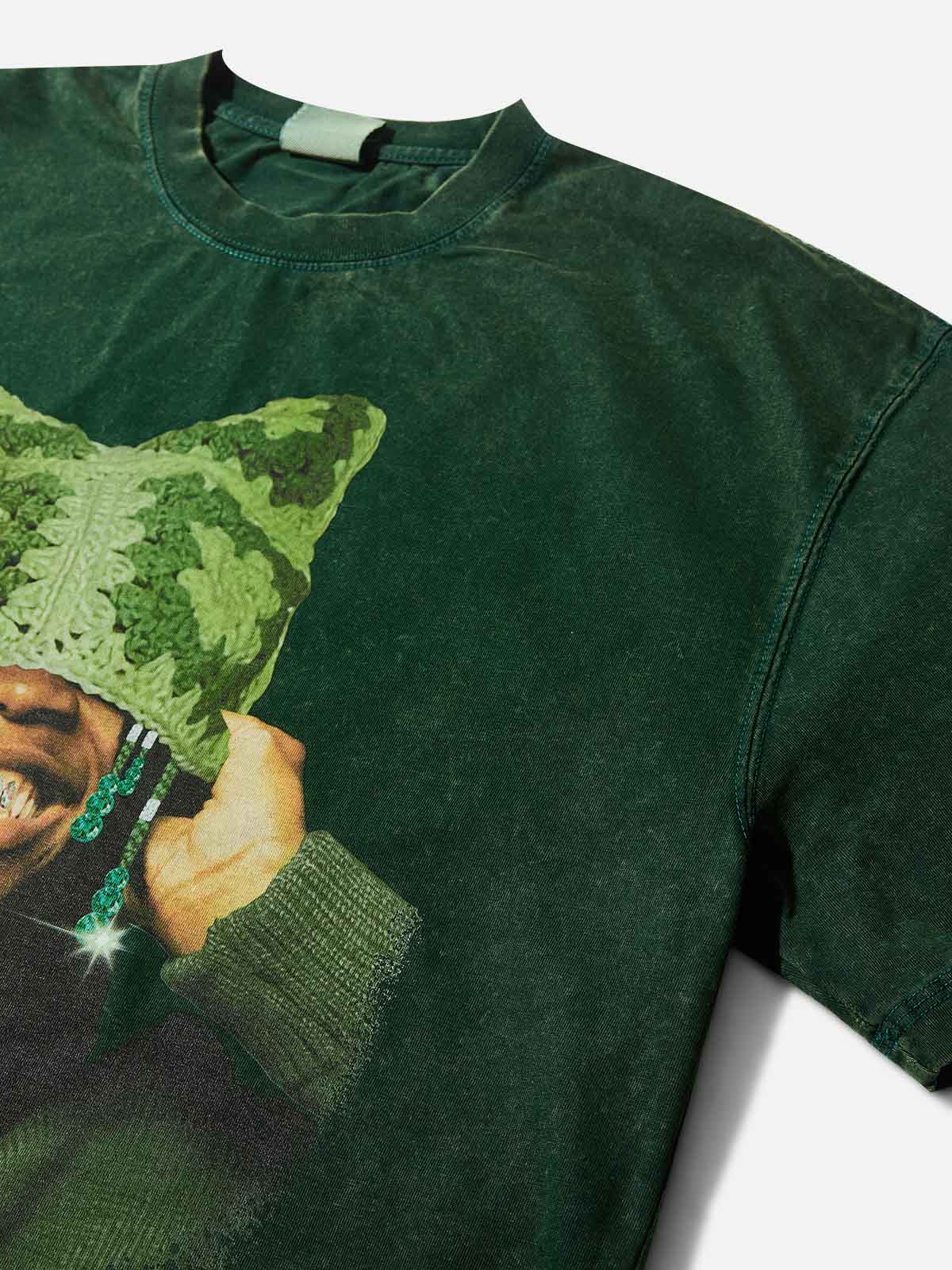 Avocado Green Cat Ear Crochet Hat Washed Printed T-Shirt