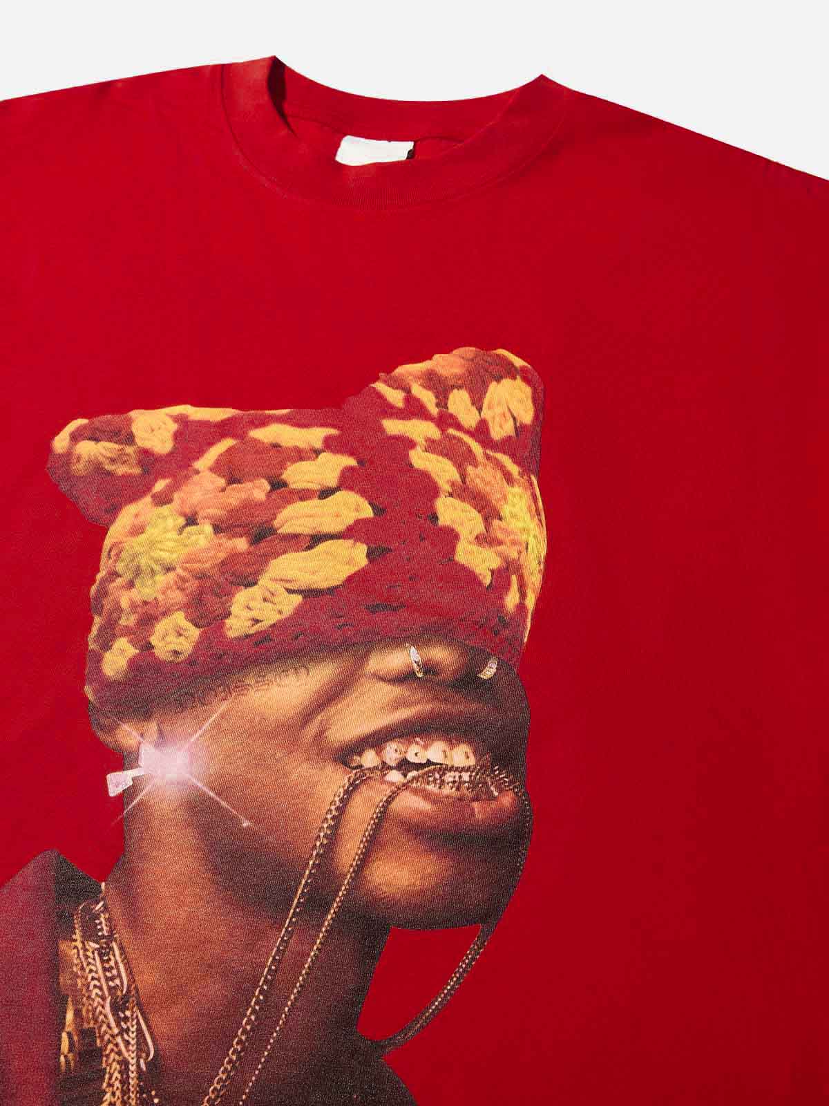 High-Quality Red Flame Crochet Hat Printed T-Shirt