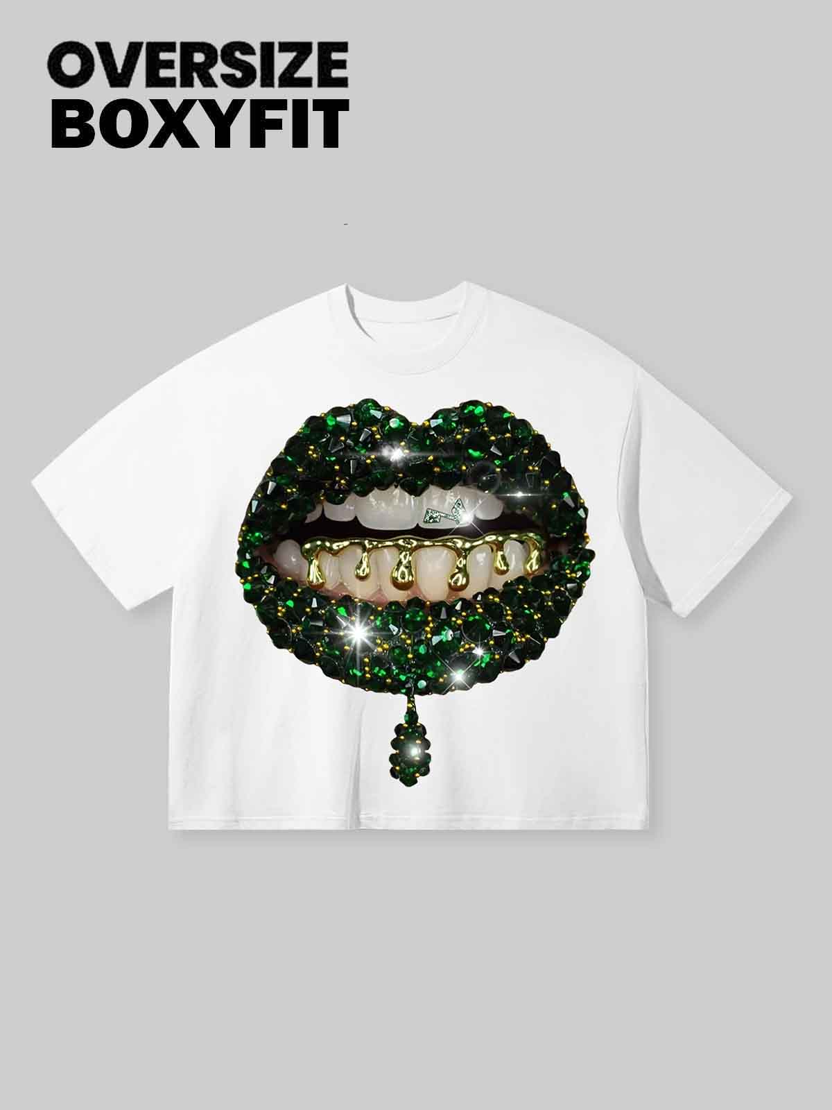 Boxy oversized T-shirt Green Gem Lip Print T-shirt