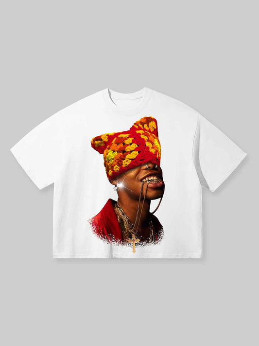 Boxy oversized T-shirt Red Flame Crochet Hat Printed T-Shirt