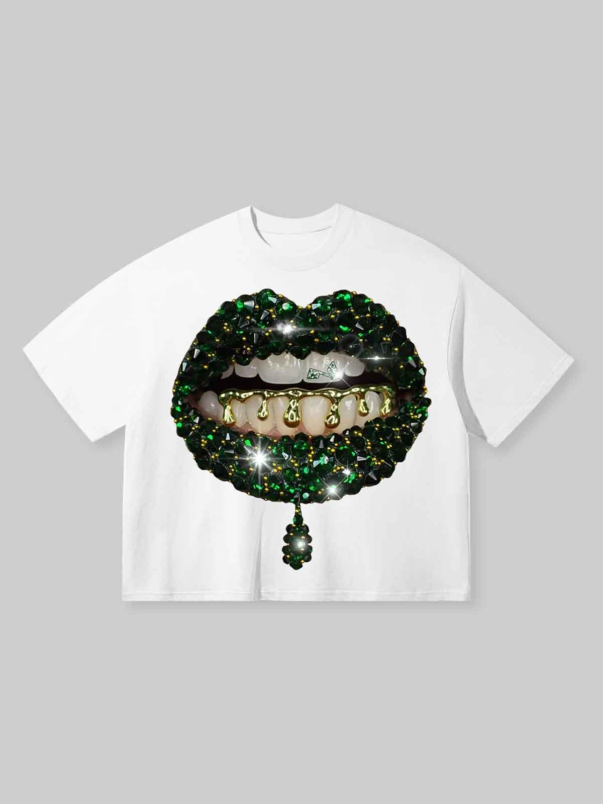 Boxy oversized T-shirt Green Gem Lip Print T-shirt