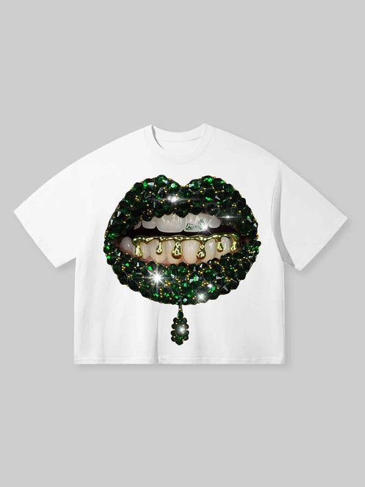Boxy oversized T-shirt Green Gem Lip Print T-shirt