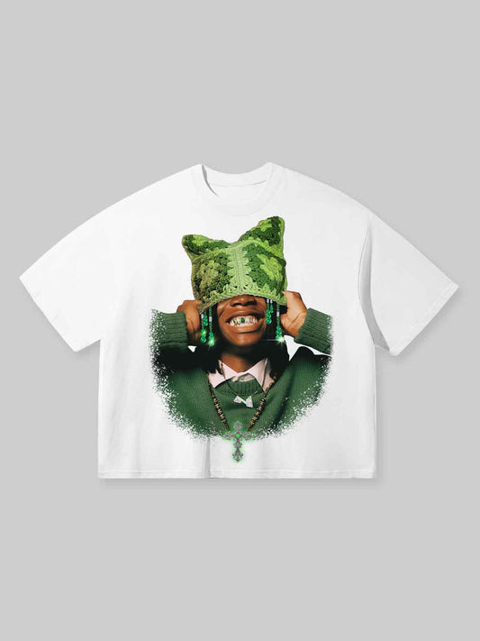 Boxy oversized T-shirt Avocado Green Cat Ear Crochet Hat Printed