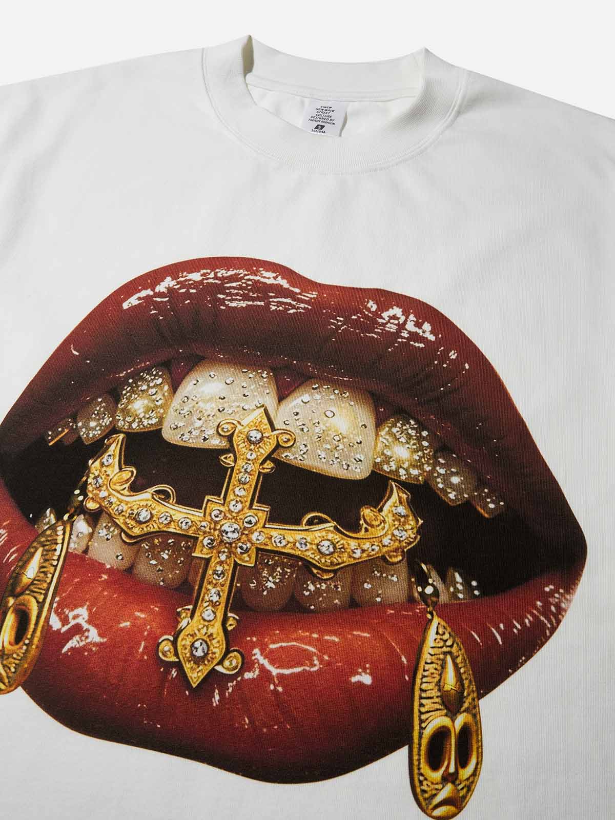 High-Quality Gold Diamond Ring and Mask Culture Lip Print heavyweight T-shirt
