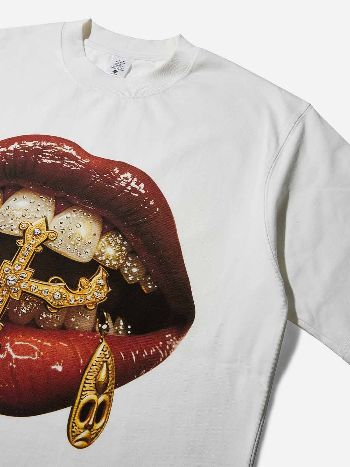 Boxy Oversized T-shirt Gold Diamond Ring and Mask Culture Lip Print