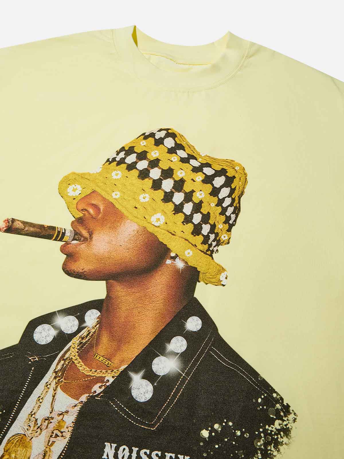 Yellow Cat Ear Crochet Cap Print Men's T-shirt