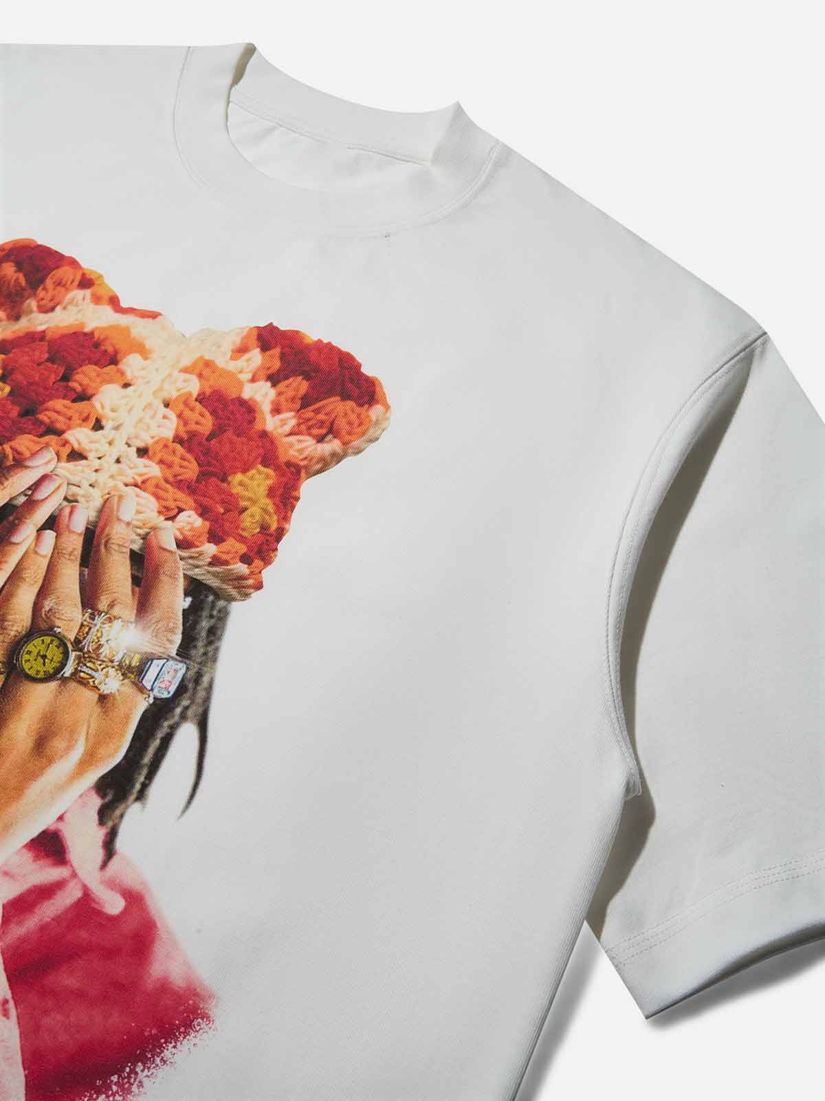 High Quality Jewel Ring & Orange Kitty Cap Wash Print heavyweight T-shirt