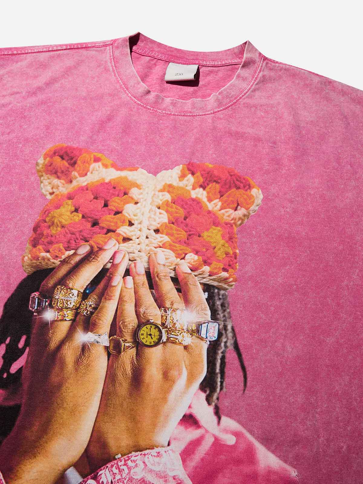 Jewel Ring & Orange Kitty Cap Wash Print T-shirt