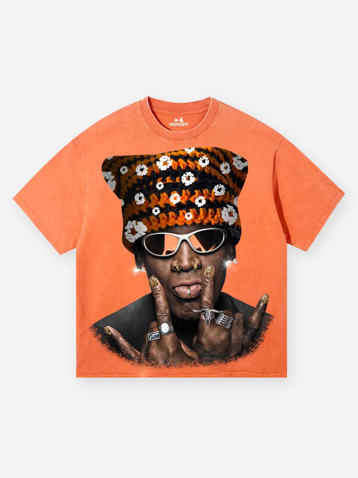 Star Player Cat Hat Orange Print washed T-shirt