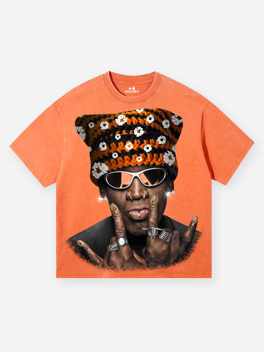 Star Player Cat Hat Orange Print washed T-shirt