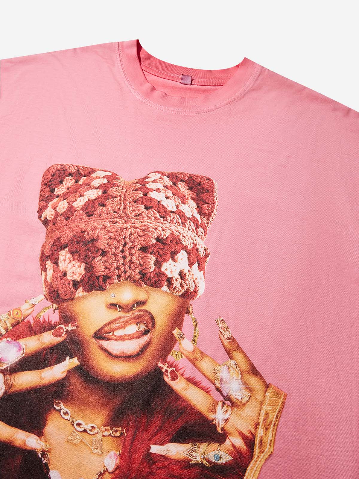 Rich Girl Cat-ear Hat Gradient Pink Washed Print T-shirt