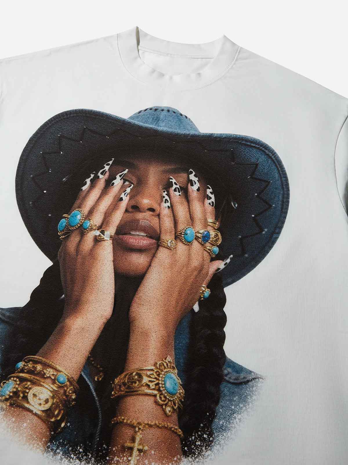 Boxy oversized T-shirt Denim Girl & Her Turquoise Nail Art Print T-Shirt