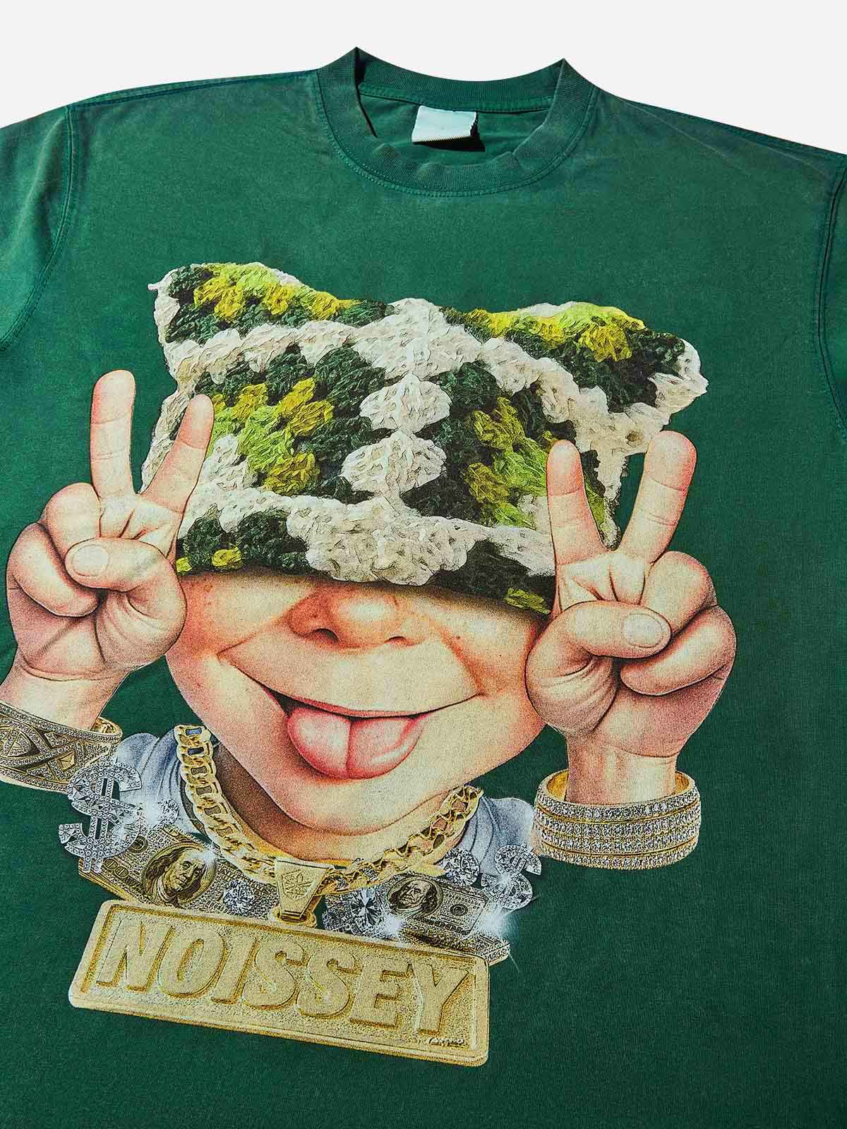 Bad boy wearing green cat hat washed green print T-shirt