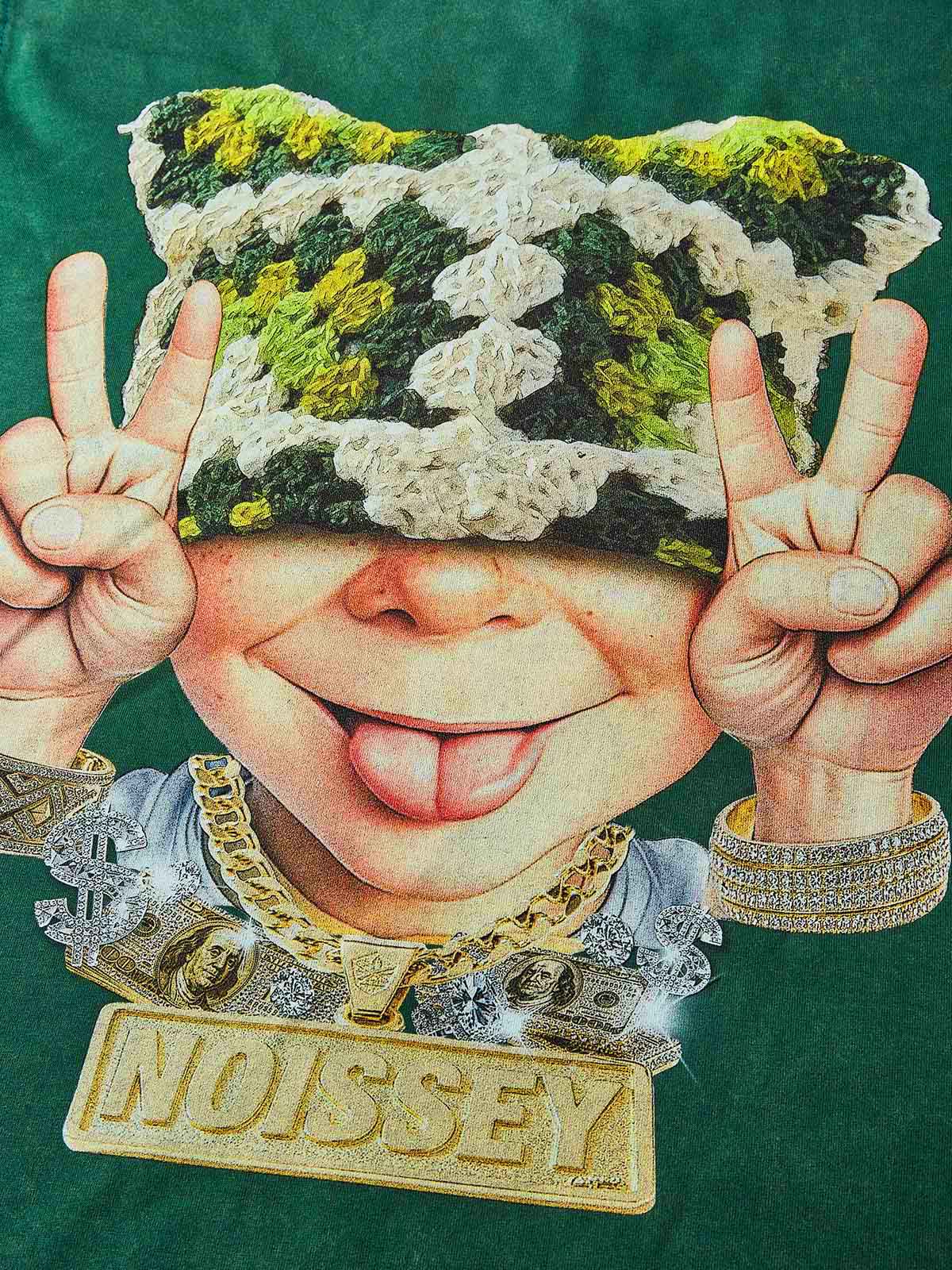 Bad boy wearing green cat hat washed green print T-shirt