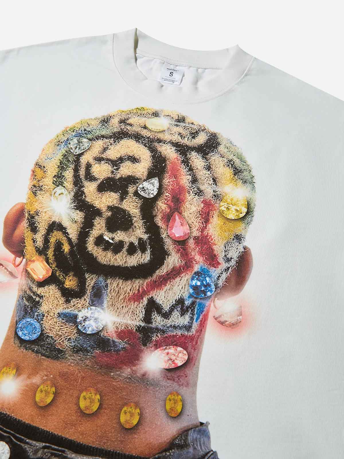 Boxy oversized T-shirt Colored Hair Diamond Print T-shirt