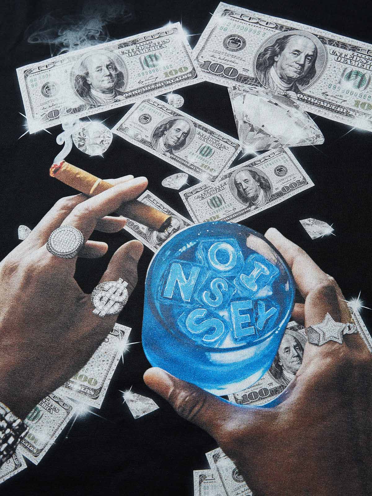 Boxy oversized T-shirt holding money and wine street print