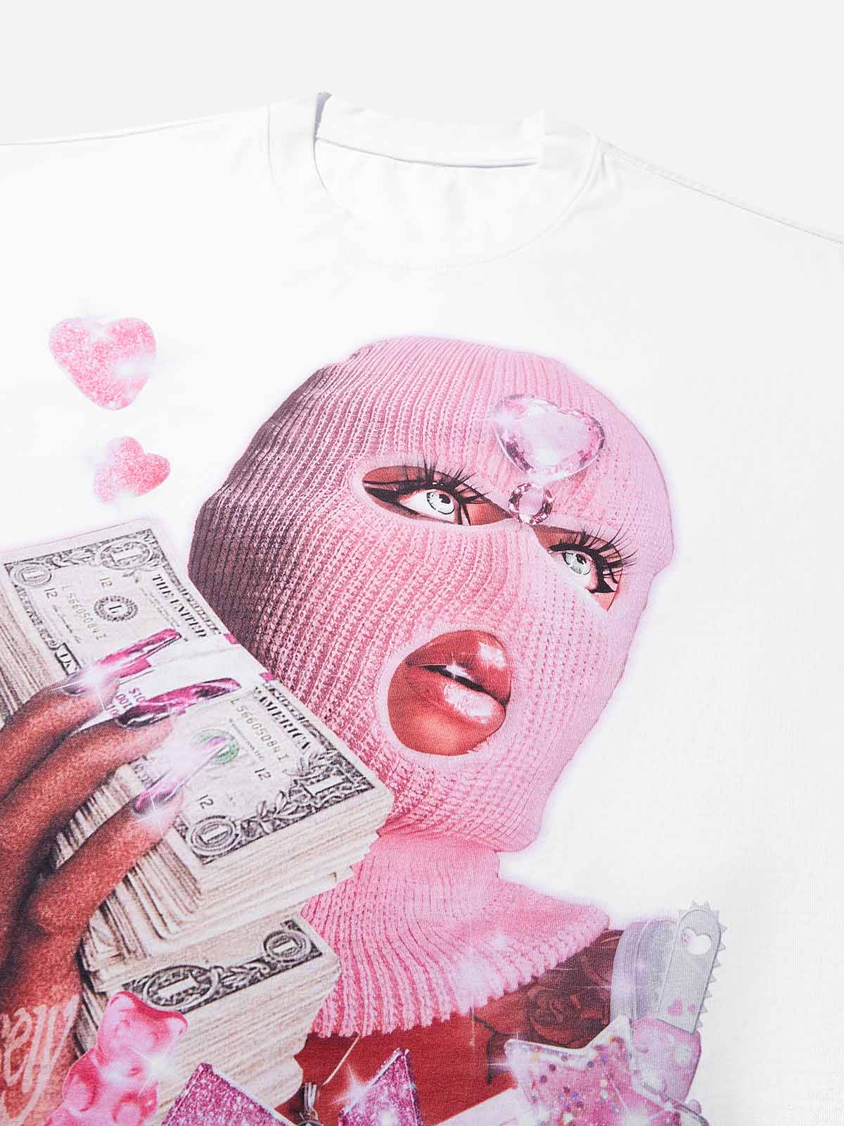 NOISSEY "Balaclava Pink Trap Girl" Tee - Clean White 255G Heavyweight Boxy Oversized Money Graphic T-Shirt