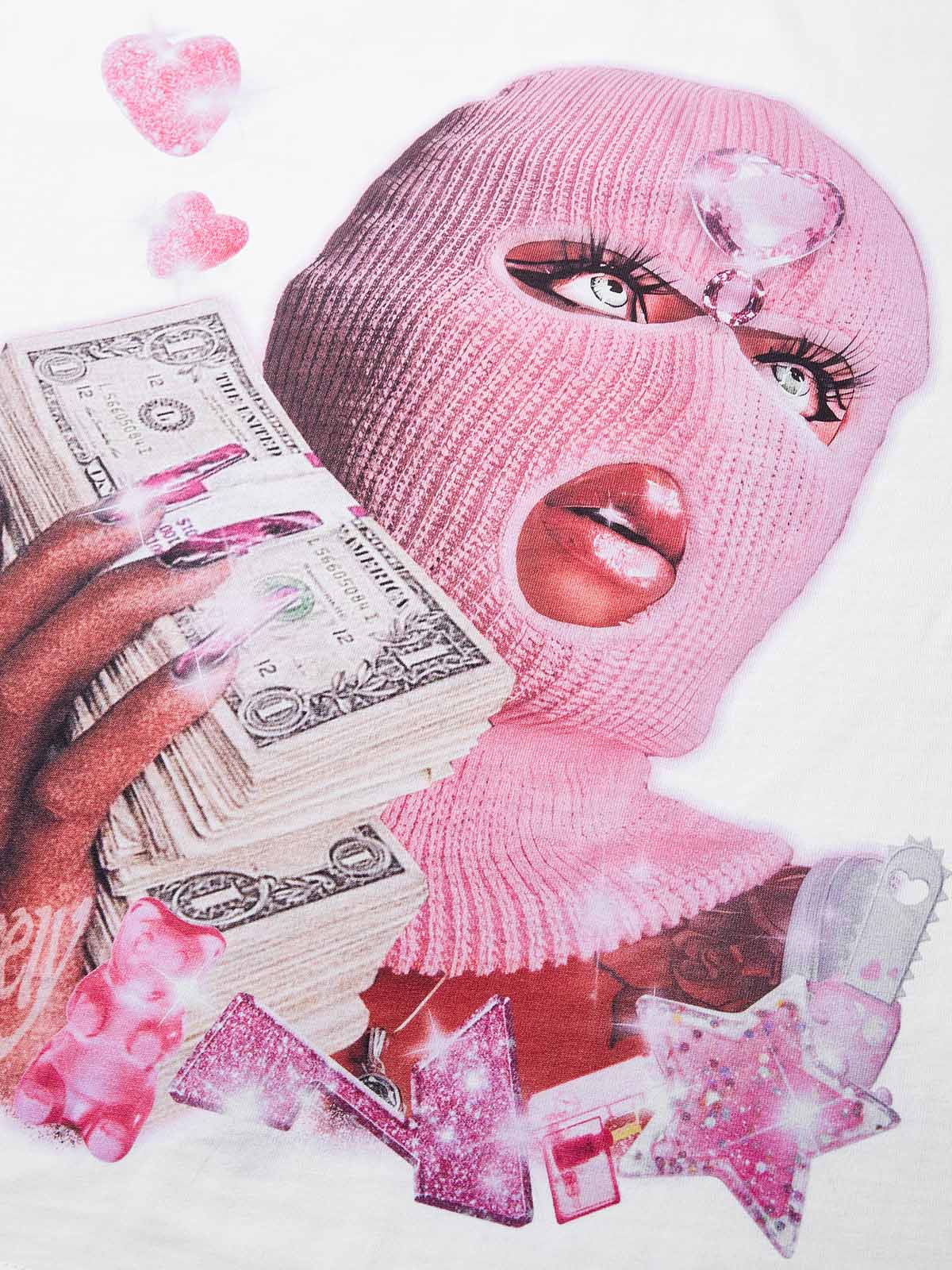 NOISSEY "Balaclava Pink Trap Girl" Tee - Clean White 255G Heavyweight Boxy Oversized Money Graphic T-Shirt