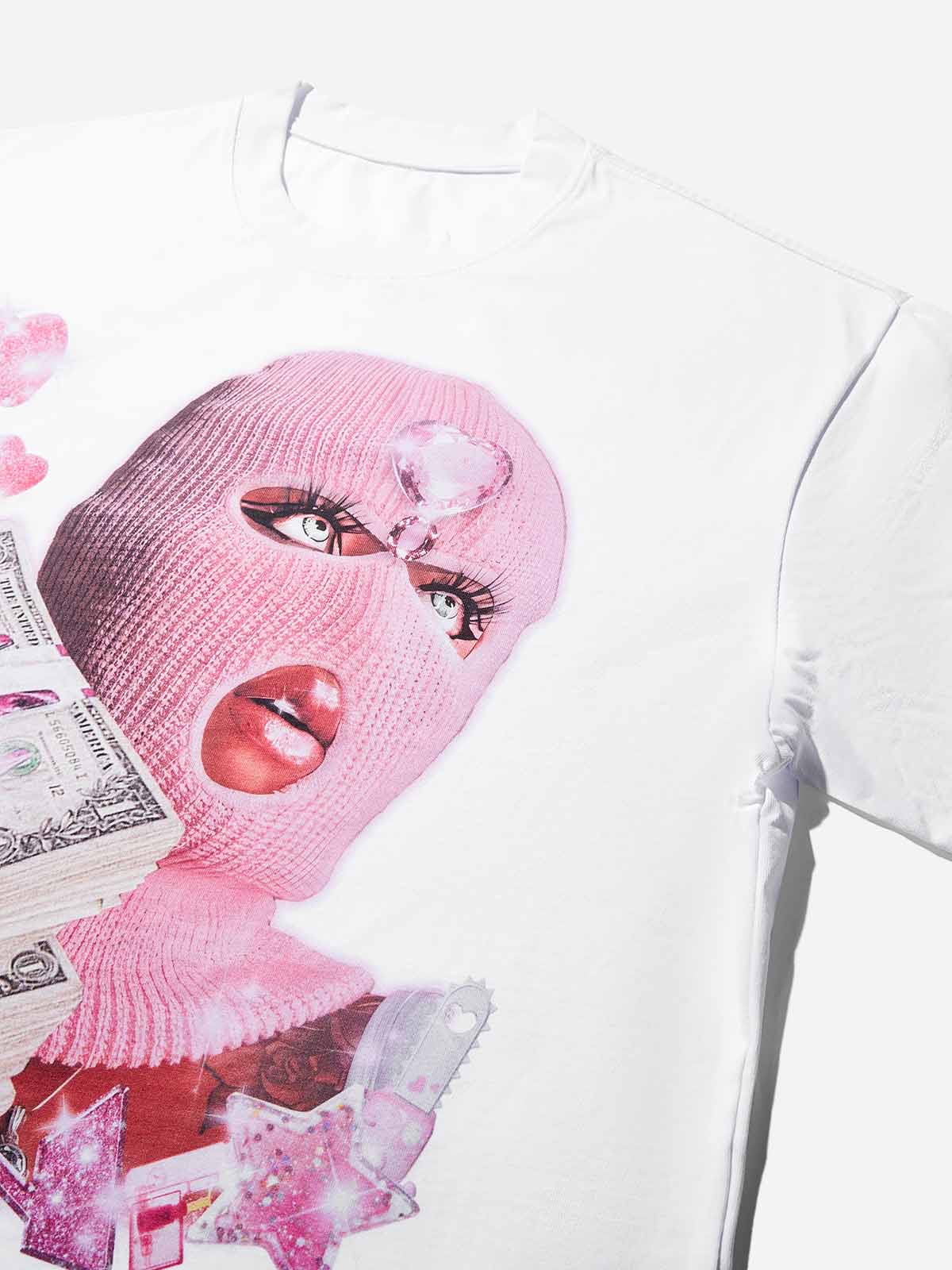 NOISSEY "Balaclava Pink Trap Girl" Tee - Clean White 255G Heavyweight Boxy Oversized Money Graphic T-Shirt