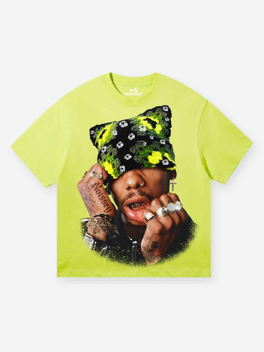 Fluorescent Green Cat Ear Hat Print T-Shirt