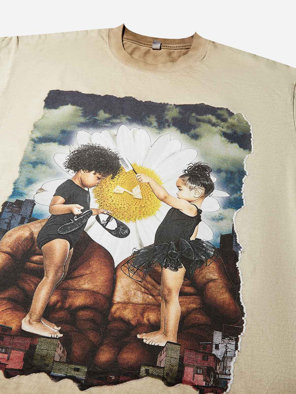 Childlike Whimsy Collage Washed Print T-Shirt