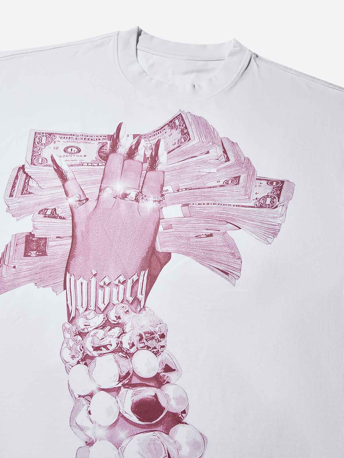 Boxy Oversized T-shirt with Money-Holding Nail Art Hand Print