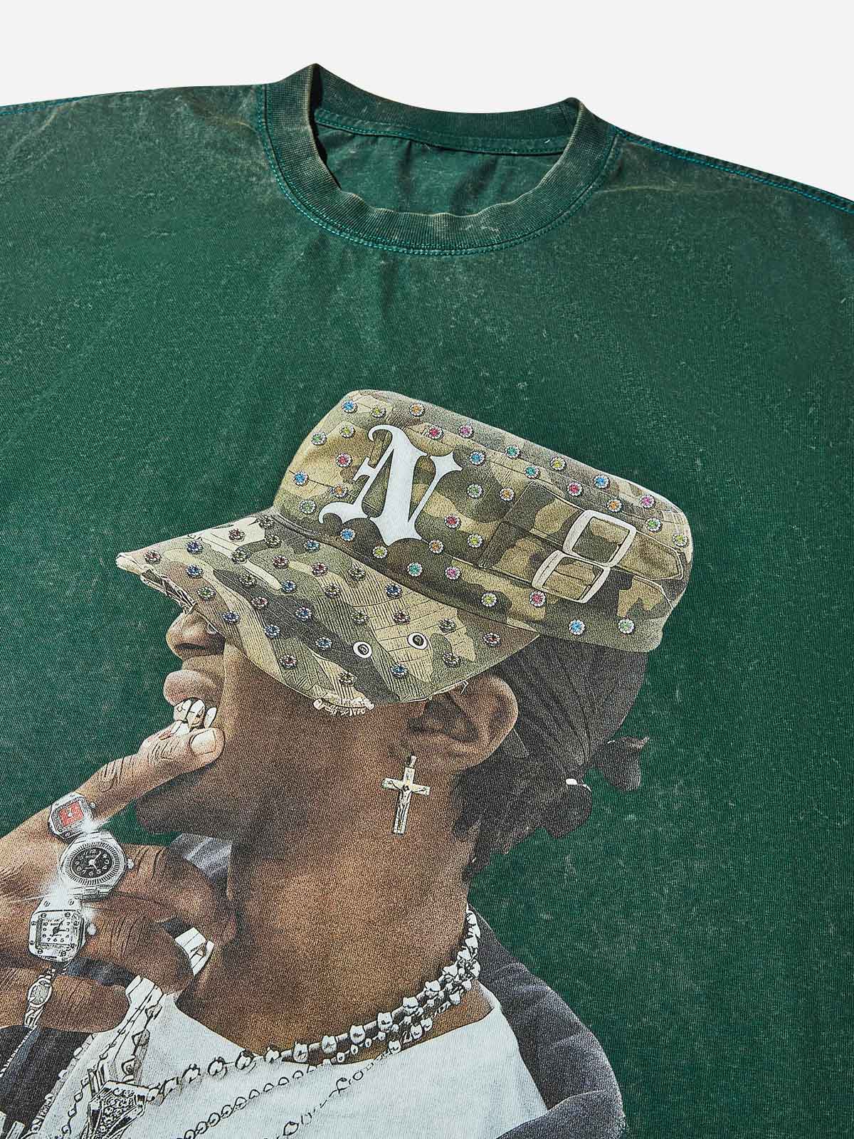 Camo Military Cap Character Green Washed Print T-shirt