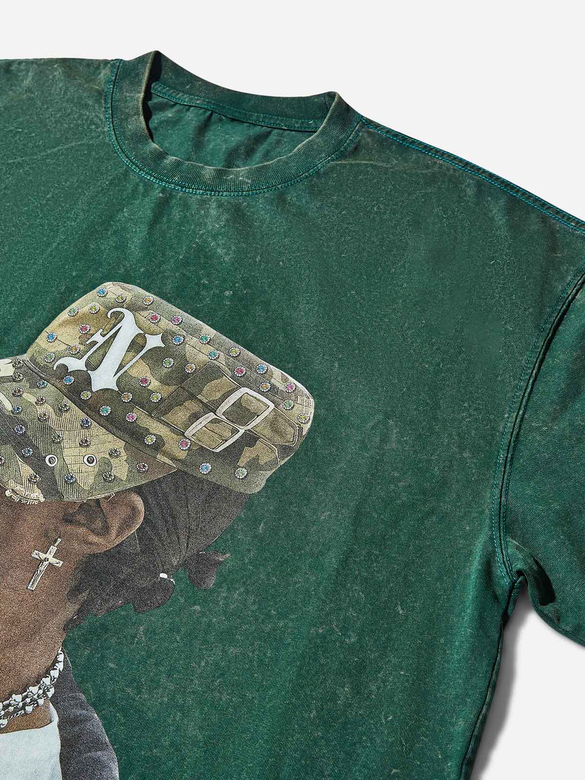 Camo Military Cap Character Green Washed Print T-shirt