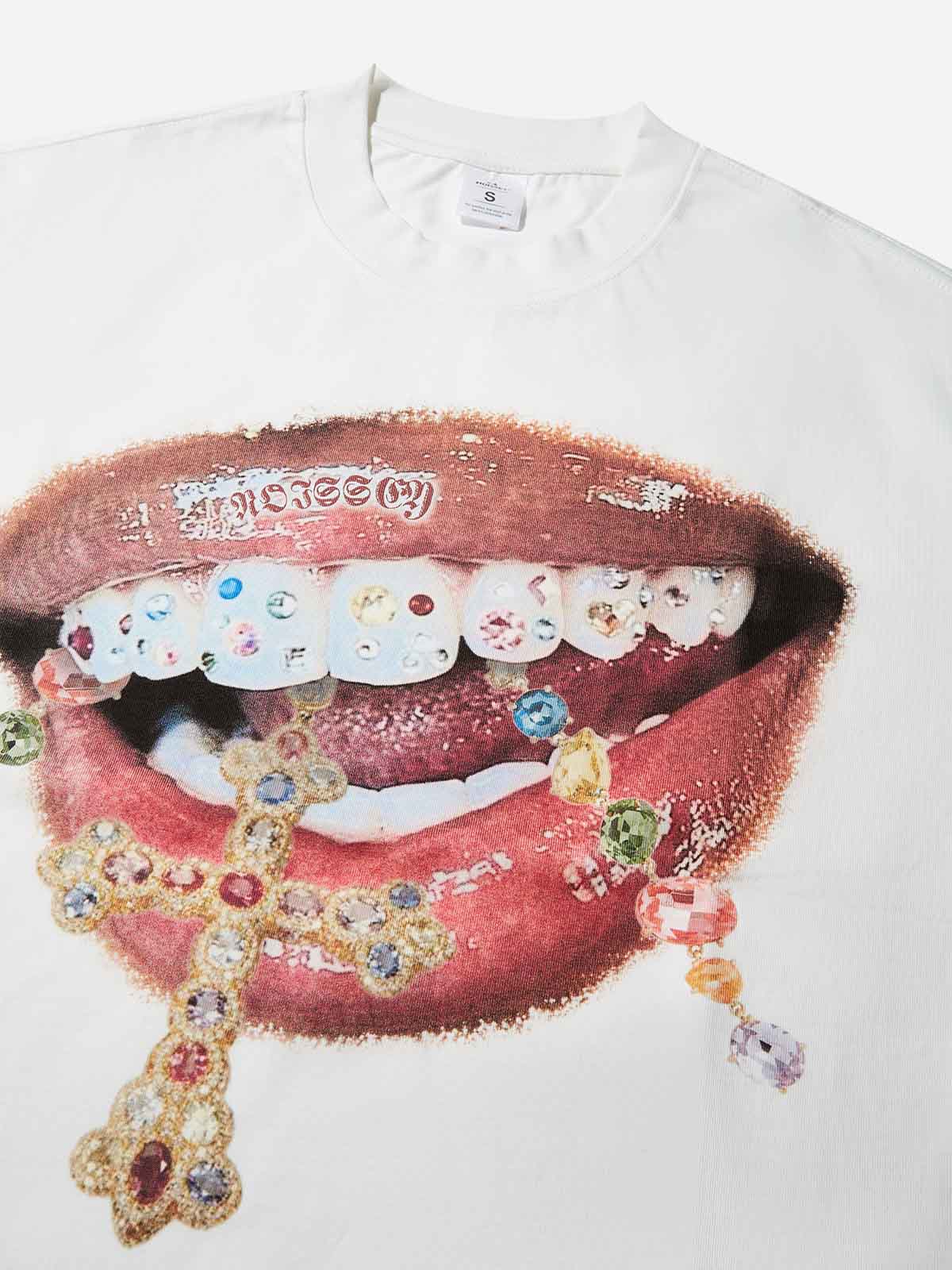 High-Quality Diamond Teeth Cross Print 350g T-Shirt