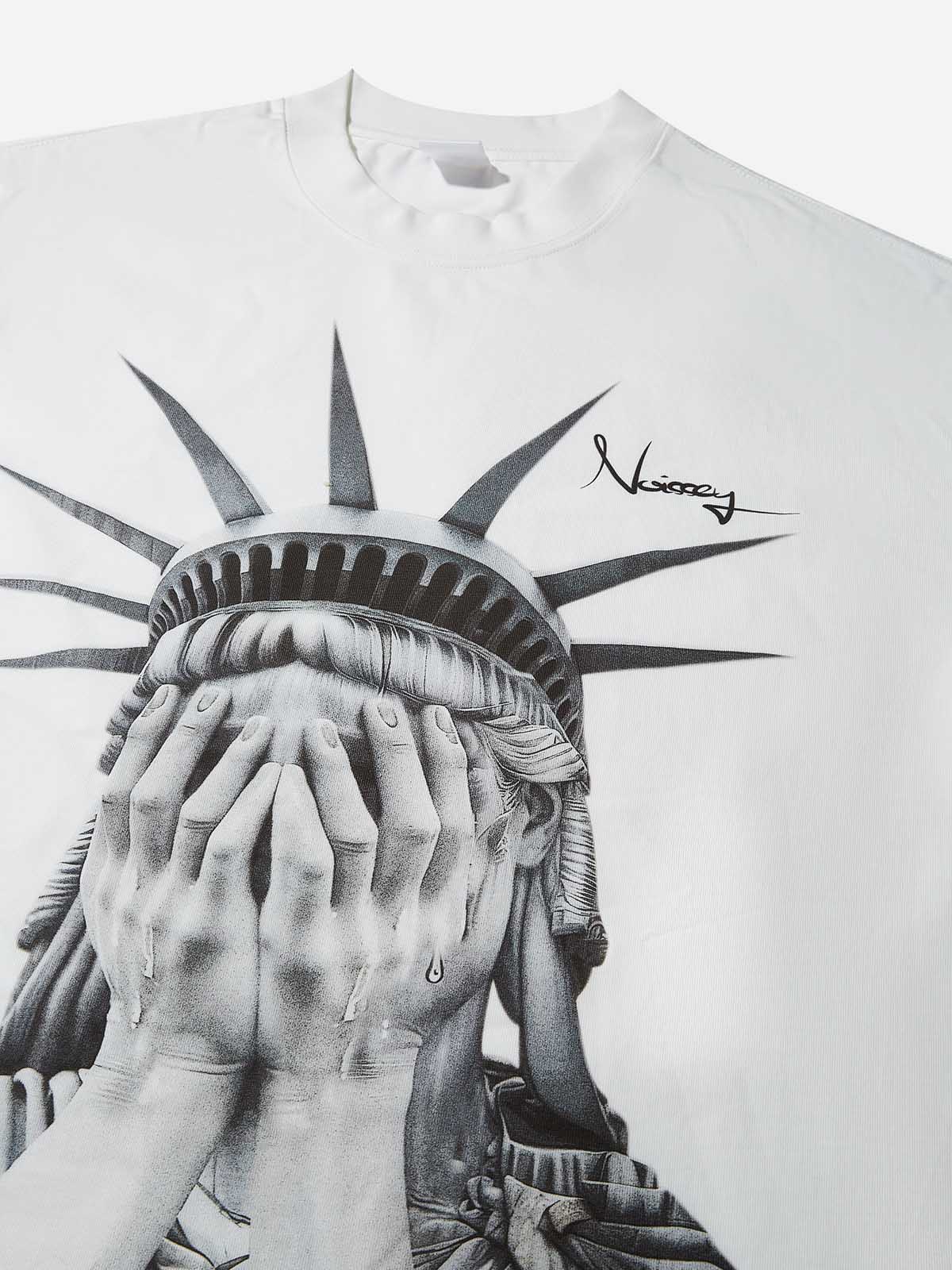 Boxy Oversized T-shirt with Weeping Statue of Liberty Print