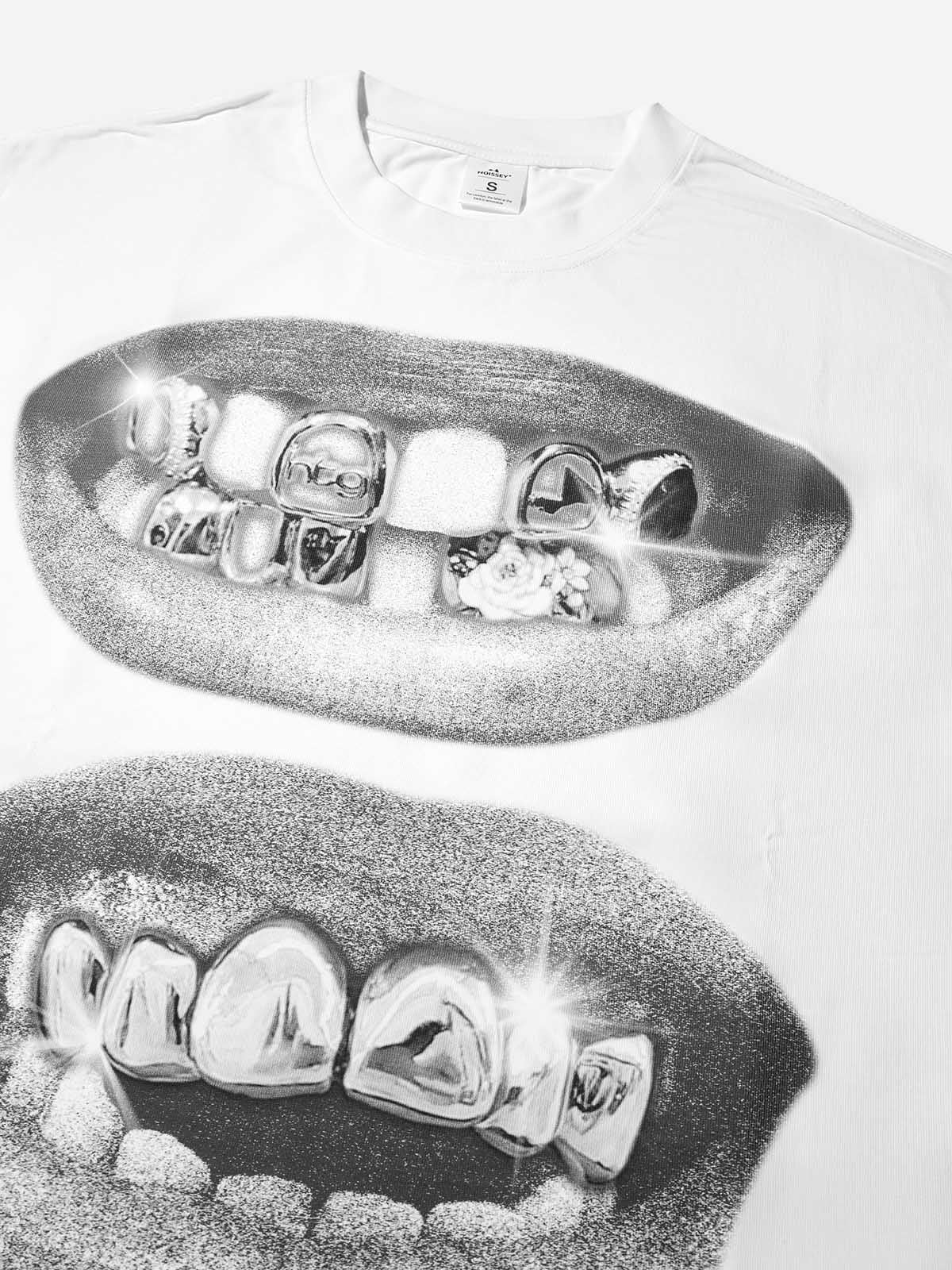 Boxy oversized T-shirt Retro Black Lips Grills Print
