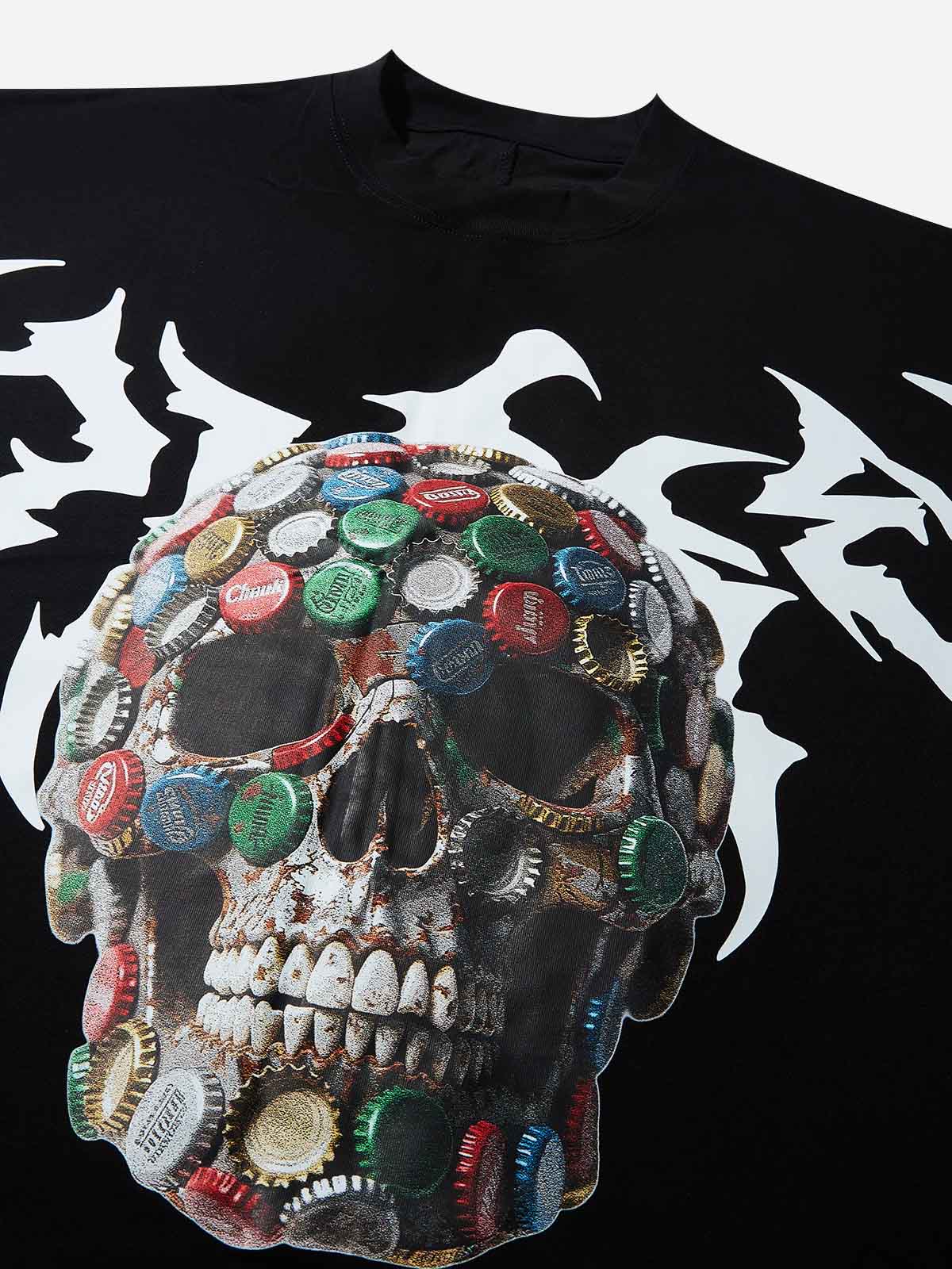Oversized Batwing T-shirt Wild Bottle Cap Skull Collage Print