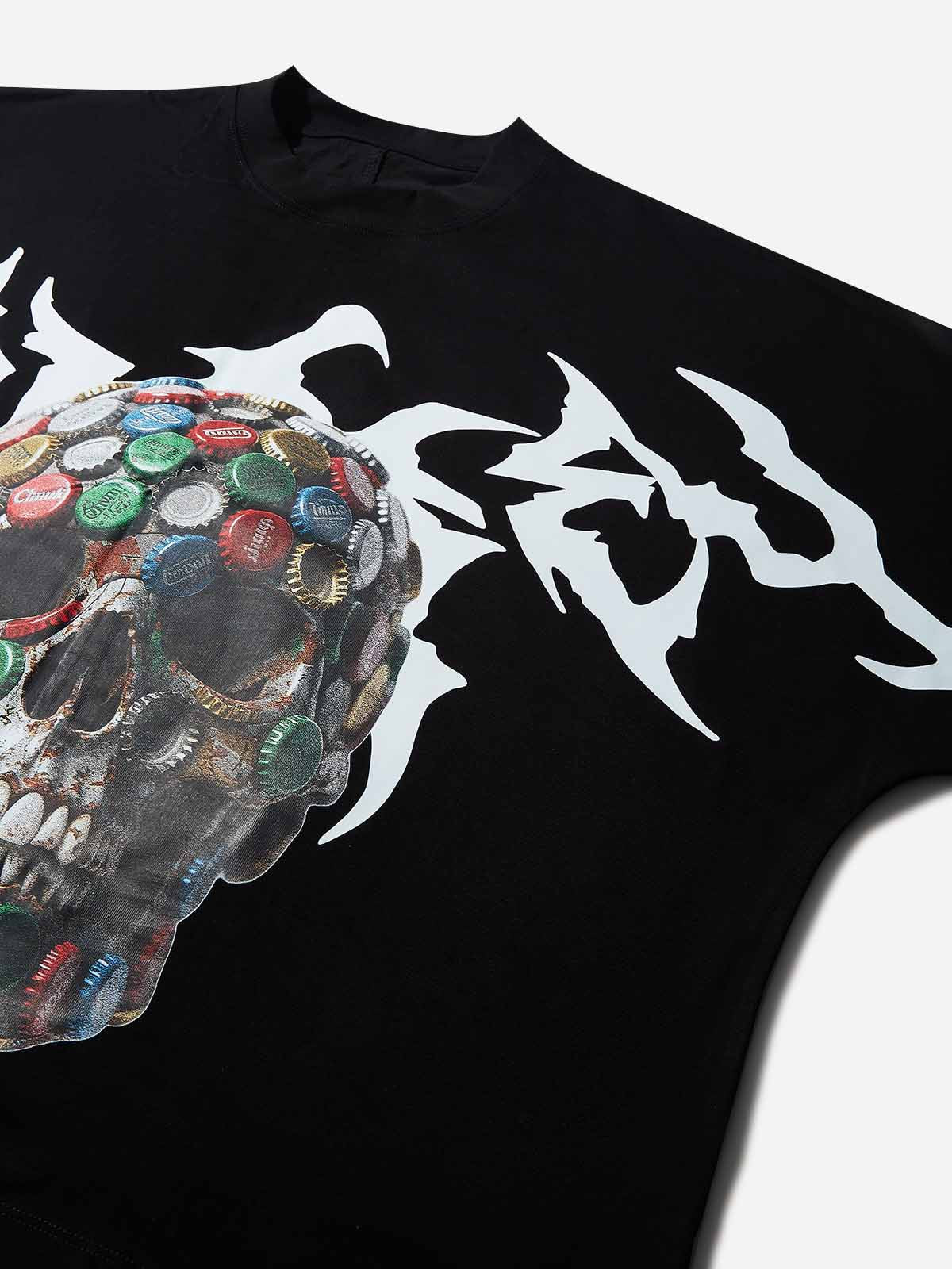 Oversized Batwing T-shirt Wild Bottle Cap Skull Collage Print