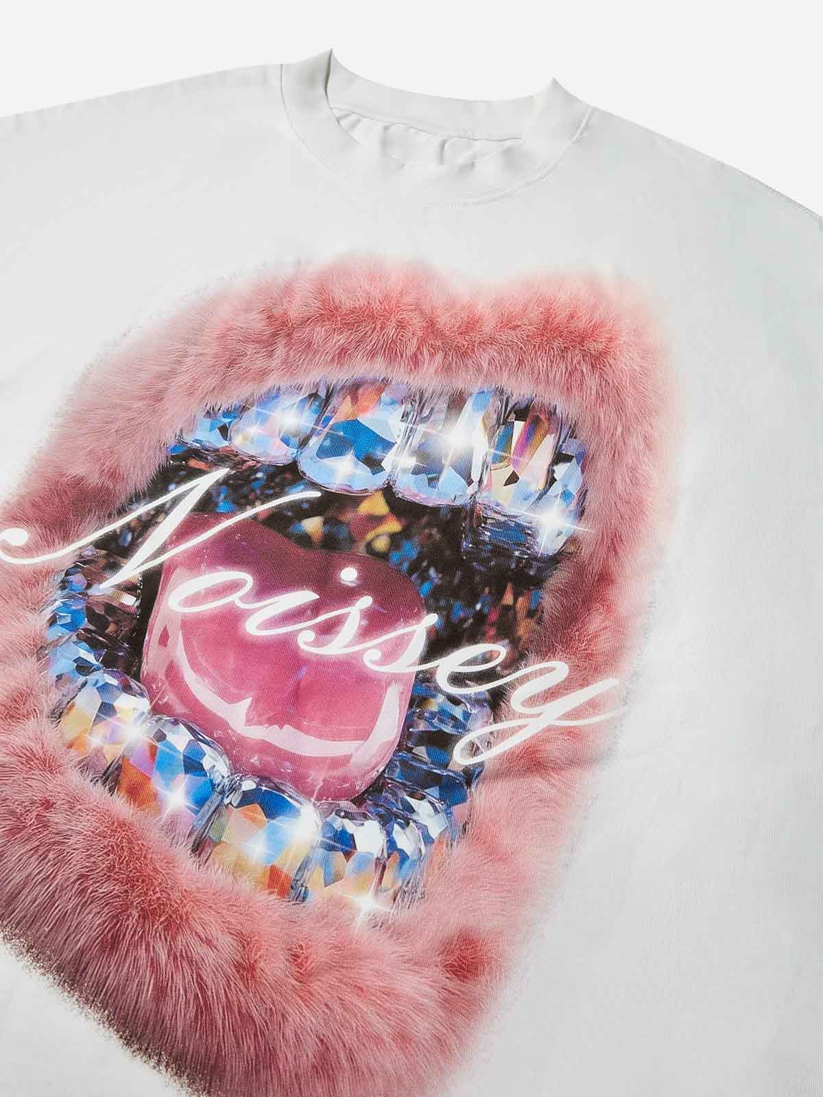 Boxy Oversized T-Shirt with Artistic Diamond Plush Lip Print