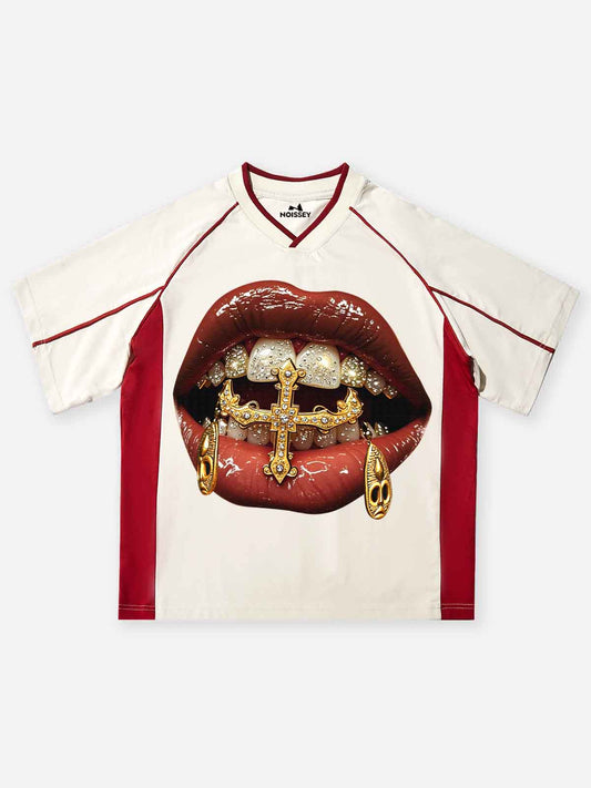 Gold Diamond Ring & Mask Culture Lip Print T-shirt