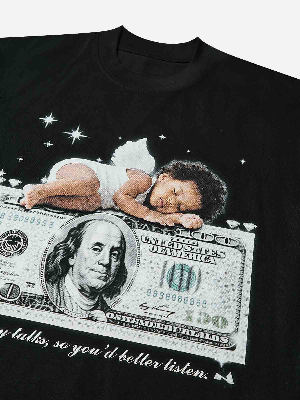 Little Angel Sleeping on Money Print T-shirt
