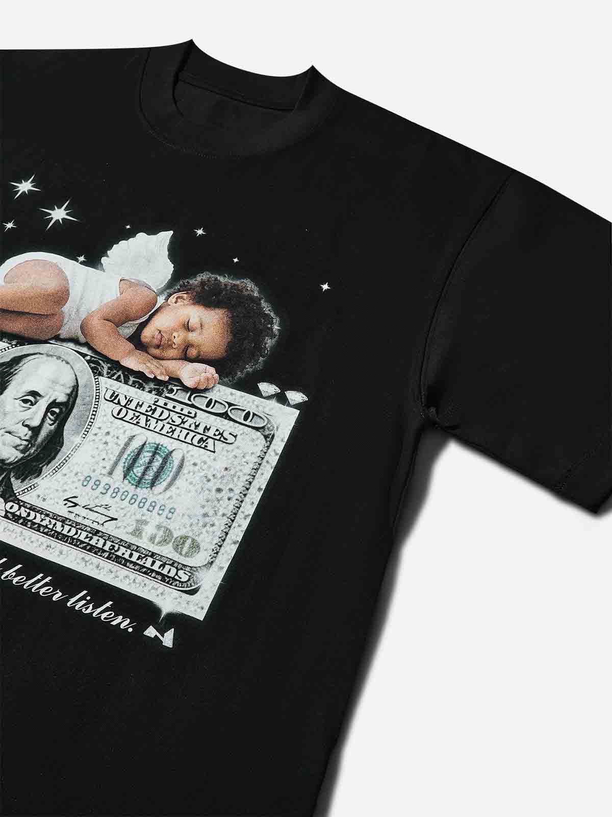Little Angel Sleeping on Money Print T-shirt