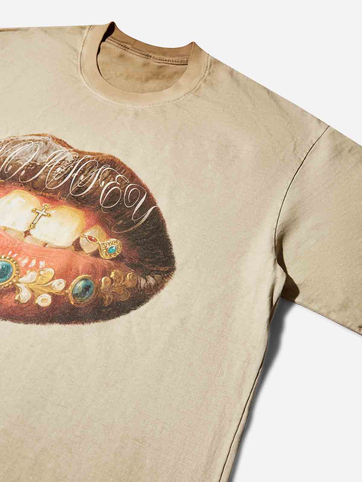 Medieval Painting-Style Grills Lip Art Distressed Print T-shirt